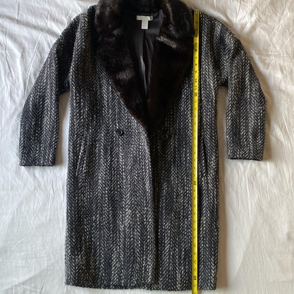 H&M Faux Fur Collar Tweed Wool Blend Long Coat Sz 6 - Picture 10 of 12